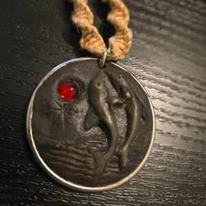 Twin Dolphin with Red Stone Clay Hemp Weave Necklace 16" Fashion Unknown Maker